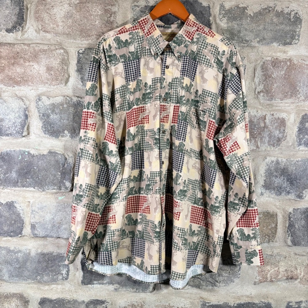 Munsingwear‎ Men's 2XLT Patchwork Deer Houndstooth Button Down Shirt Long Sleeve